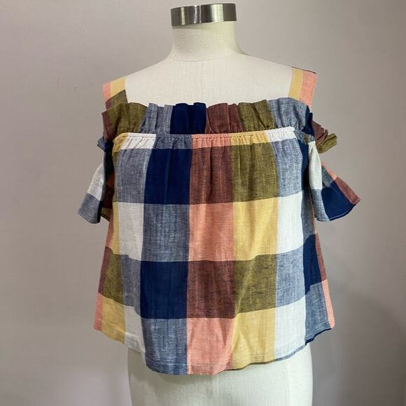 English Factory Short Sleeve Ruffled Cold Shoulder Plaid Top Size XS - Picture 2 of 11